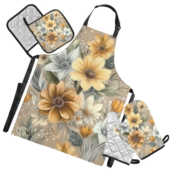 Vintage Floral Pattern Oven Mitts and Pot Holders with Chef Apron Set 5 Pcs Kitchen Cooking Set