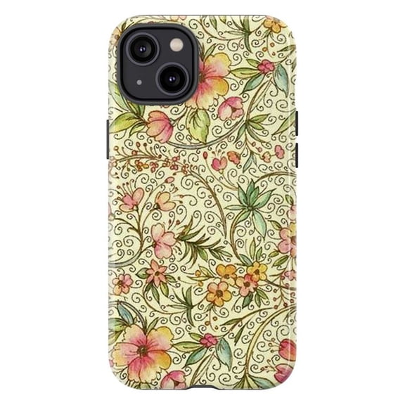 Vintage Floral Pattern Phone Case, Delicate Pink & Yellow Watercolor Flowers with Green Vines, Protective Cover for iPhone 16 15 14 13 12 11 Pro Max Mini