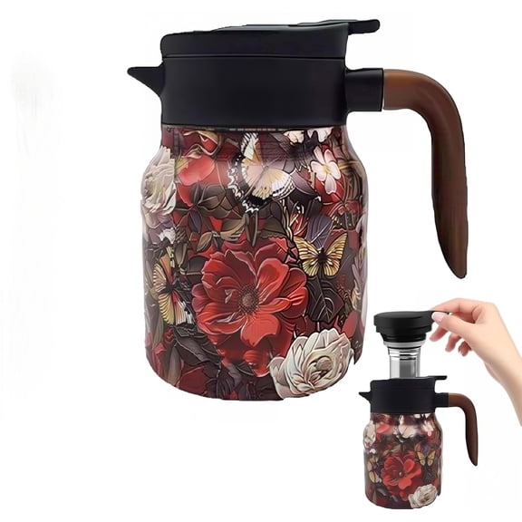 Vintage Floral Pattern Tea Pots – Built-in Infuser,Vintage Floral Teapot with Built In Infuser Stainless Steel Thermal Carafe with Lid for Hot Drinks,Red(Wooden handle,35oz)