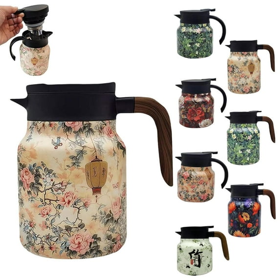 Vintage Floral Pattern Tea Thermos, Stainless Tea Pot Thermal, Vintage Floral Pattern Tea-Built-In Infuser, Stainless Steel Thermal Carafe with Lid for Hot Drinks, Mini Hot Coffee Pot (H-1000ML)