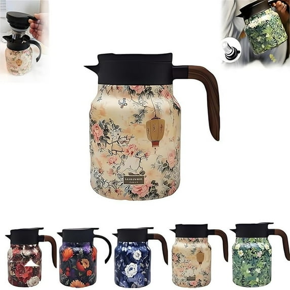 Vintage Floral Pattern Tea Thermos,Thermos Tea Pot, 2025 New Vintage Floral Pattern Tea-Built-in Infuser, 1000ml Stainless Steel Thermal Carafe with Lid for Hot Drinks