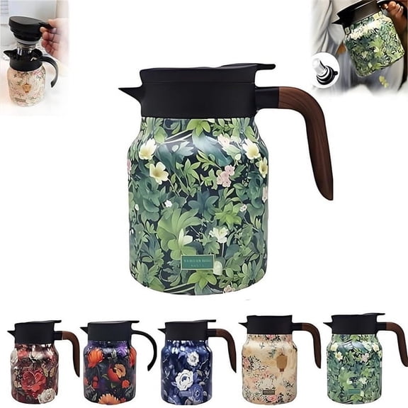 Vintage Floral Pattern Tea Thermos,Thermos Tea Pot, 2025 New Vintage Floral Pattern Tea-Built-in Infuser, 1000ml Stainless Steel Thermal Carafe with Lid for Hot Drinks