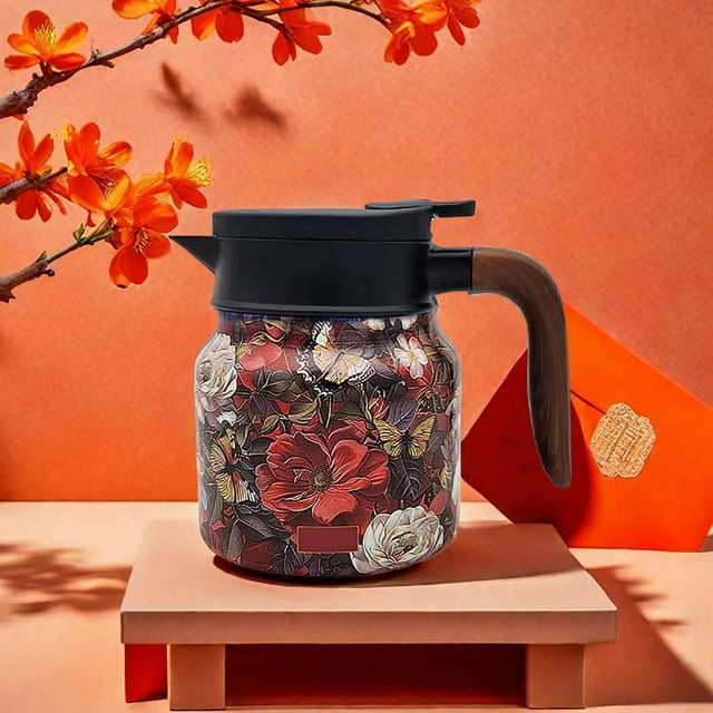 Vintage Floral Pattern Tea Thermos,Thermos Tea Pot,Floral Pattern Tea-Built-In Infuser,Stainless Steel Thermal Carafe with Lid,Coffee Pot And Tea Separation Thermal Insulation Pot 800ml