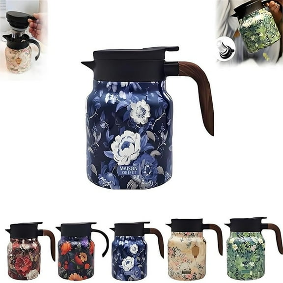 Vintage Floral Pattern Tea Thermos,Thermos Tea Pot, 2025 New Vintage Floral Pattern Tea-Built-in Infuser, 1000ml Stainless Steel Thermal Carafe with Lid for Hot Drinks