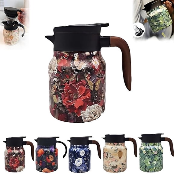 Vintage Floral Pattern Tea Thermos,Thermos Tea Pot, 2025 New Vintage Floral Pattern Tea-Built-in Infuser, 1000ml Stainless Steel Thermal Carafe with Lid for Hot Drinks