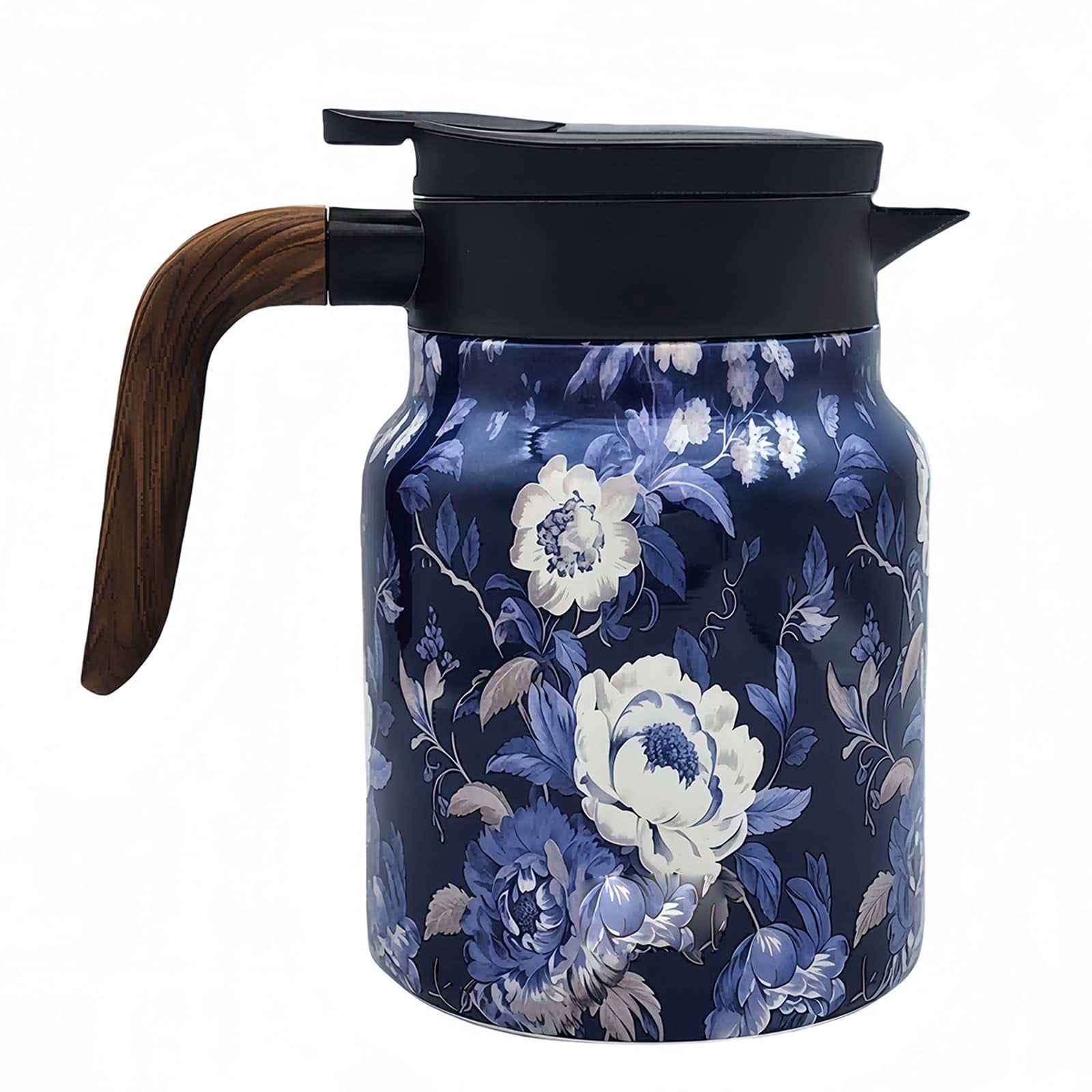 Vintage Floral Pattern Tea Thermos, Thermos Tea Pot-Built-In Infuser, Floral Pattern Tea Pot with Lid for Hot Drinks, 1L Stainless Steel Thermal Carafe with Wooden Handle
