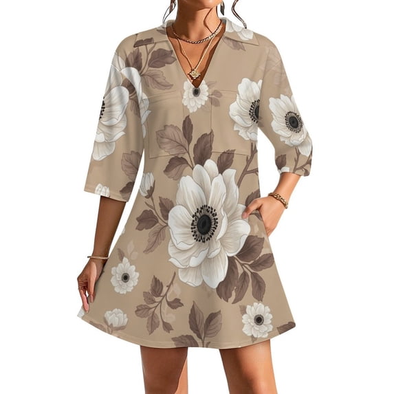 Vintage Floral Pattern Womens Dress With Pockets Summer V Neck 3/4 Sleeve Dress Plus Size Loose Dress