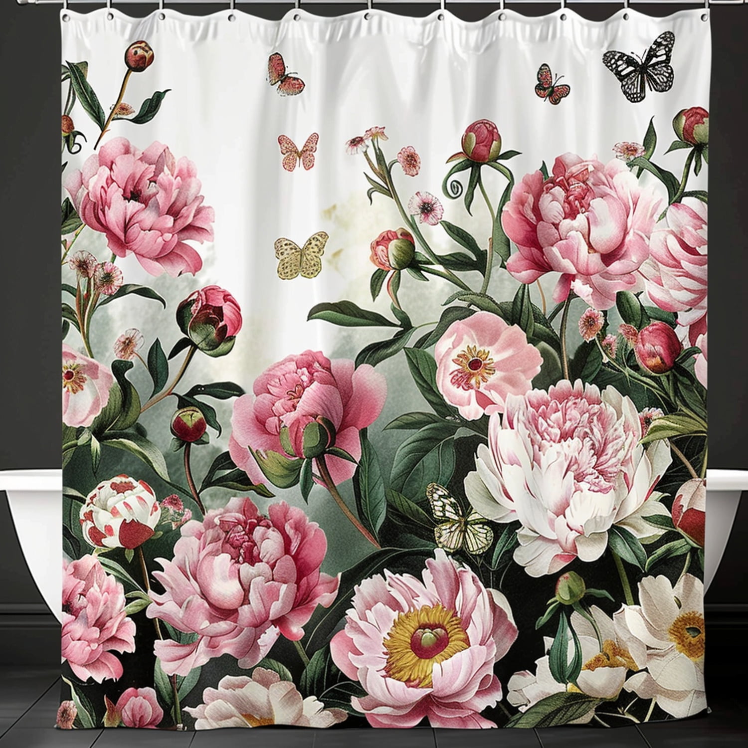 Vintage Floral Peonies And Butterflies Shower Curtain Retro Oil