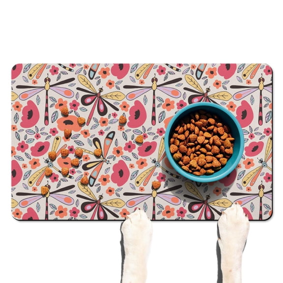 Vintage Floral Pet Food Mat - Waterproof Dog Bowl Mat with Retro Floral Print, Non-Slip Rubber Base, Absorbent 4-Layer Structure