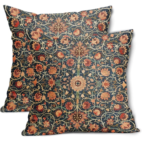 Vintage Floral Pillow Covers 16X16 Inch Set of 2 Burnt Orange Flowers Botanical Decorative Square Pillow Cases Navy Blue Art Cushion Case Farmhouse Home Decor for Sofa Couch Bedroom Outdoor