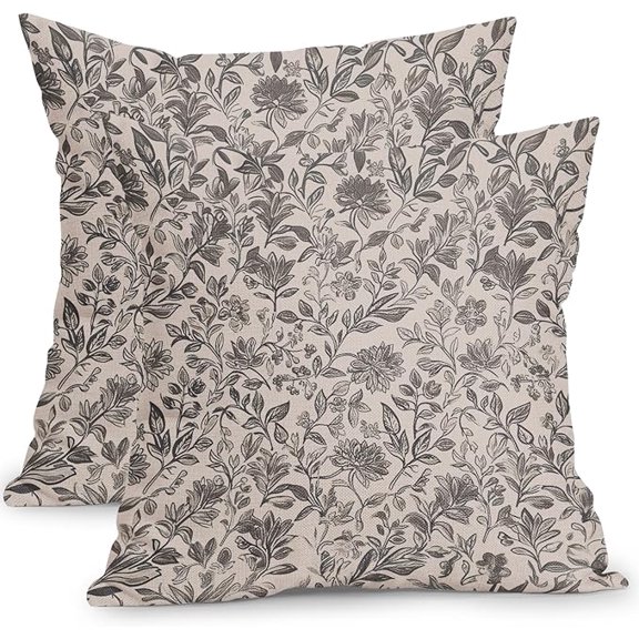 Vintage Floral Pillow Covers 16x16 Inch Set of 2 Antique Flower Block Print Pillowcases Dark Gray Neutral Traditional Cotton Linen Square Cushion Case for Couch Sofa Bed