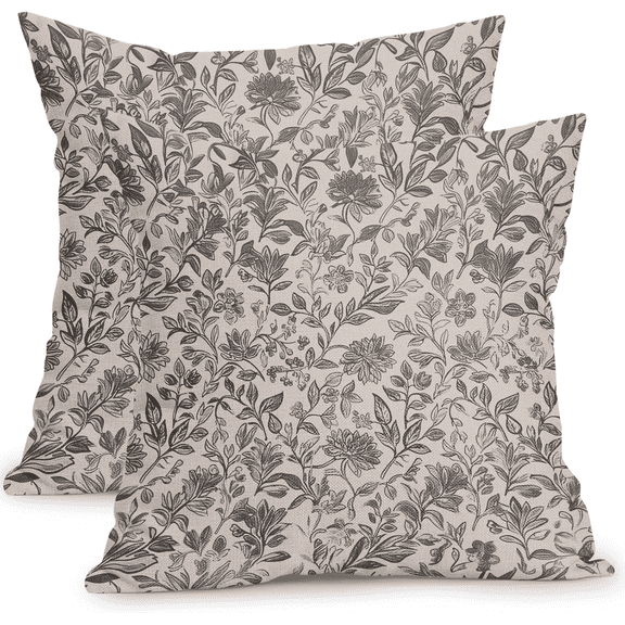 Vintage Floral Pillow Covers 16x16 Inch Set of 2 Antique Flower Block Print Pillowcases Tan Neutral Traditional Cotton Linen Square Cushion Case for Couch Sofa Bed Home Decor