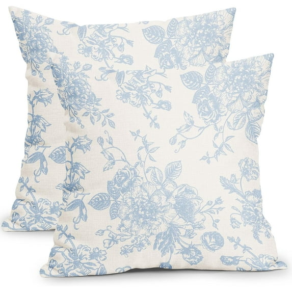 Vintage Floral Pillow Covers 16x16 Inch Set of 2 Baby Blue and Cream Floral Throw Pillow Covers Chinoiserie Flower Pillowcases Rustic Farmhouse Cushion Covers for Couch Home Decor