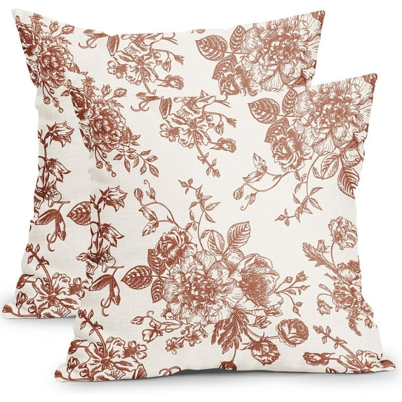 Vintage Floral Pillow Covers 16x16 Inch Set of 2 Burnt Orange and Cream Floral Throw Pillow Covers Chinoiserie Flower Pillowcases Rustic Farmhouse Cotton Linen Cushion Covers for Couch Bed Sofa Decor