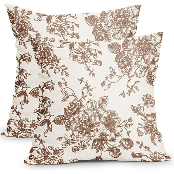 Vintage Floral Pillow Covers 16x16 Inch Set of 2 Dark Brown and Cream Floral Throw Pillow Covers Chinoiserie Flower Pillowcases Rustic Farmhouse Cotton Linen Cushion Covers for Couch Bed Sofa Decor