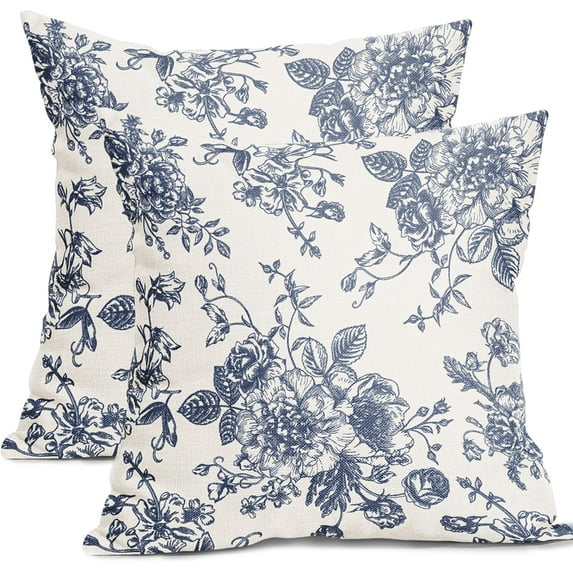 Vintage Floral Pillow Covers 16x16 Inch Set of 2 Navy Blue and Cream Floral Throw Pillow Covers Chinoiserie Flower Pillowcases Farmhouse Cotton Linen Cushion Covers for Couch Bed Sofa Chair Home Decor
