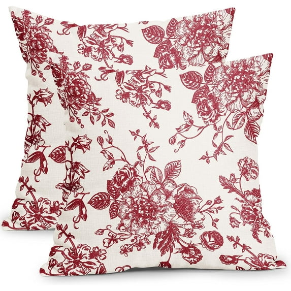 Vintage Floral Pillow Covers 16x16 Inch Set of 2 Wine Red and Cream Floral Throw Pillow Covers Chinoiserie Flower Pillowcases Rustic Farmhouse Cotton Linen Cushion Covers for Couch Bed Sofa Home Decor