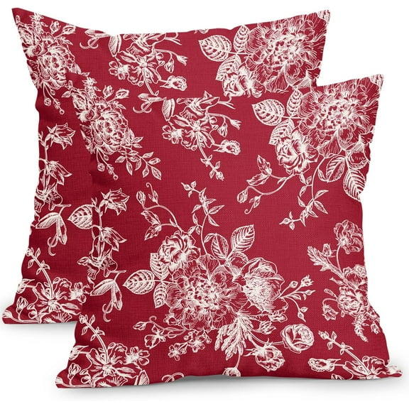 Vintage Floral Pillow Covers 16x16 Inch Set of 2 Wine Red Floral Outdoor Decorative Throw Pillows Chinoiserie Flower Pillowcases Rustic Farmhouse Cushion Covers for Couch Home Decor