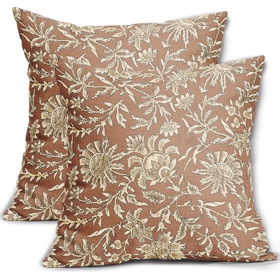 Vintage Floral Pillow Covers 16x16 Set of 2 Brown Retro Botanical Flower Pattern Print Neutral Decorative Throw Pillow Cases Boho Outdoor Rustic Farmhouse Decoration for Sofa Couch Bed