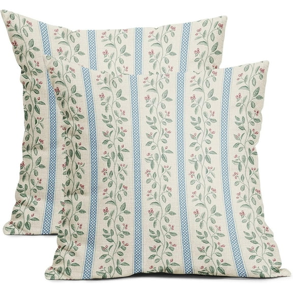 Vintage Floral Pillow Covers 16x16 Set of 2 Striped Boho Decor Blue Green Pillowcases Summer Printed Grand Millenial Throw Pillow Covers with Zipper Soft Cozy for Sofa Bed Chair Home Decoration