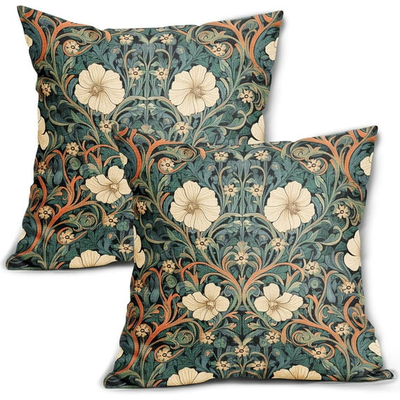 Vintage Floral Pillow Covers 18x18 Inch Orange Whtie Green Toile Flowers Pillow Cases Chinoiserie Aesthetic Tapestry Linen Cushion Case Farmhouse Home Decor for Sofa Couch Porch Outdoor Set 2