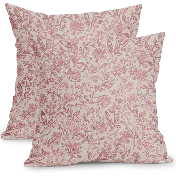 Vintage Floral Pillow Covers 18x18 Inch Set of 2 Antique Flower Block Print Pillowcases Pink Neutral Traditional Cotton Linen Square Cushion Case for Couch Sofa Bed Home Decor