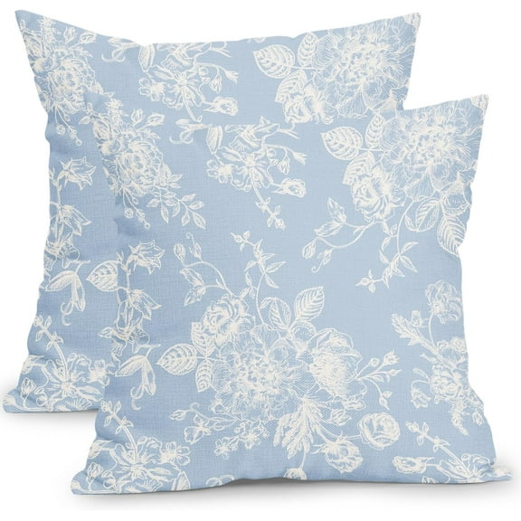 Vintage Floral Pillow Covers 18x18 Inch Set of 2 Baby Blue Floral Outdoor Decorative Throw Pillows Chinoiserie Flower Pillowcases Rustic Farmhouse Cushion Covers for Couch Home Decor