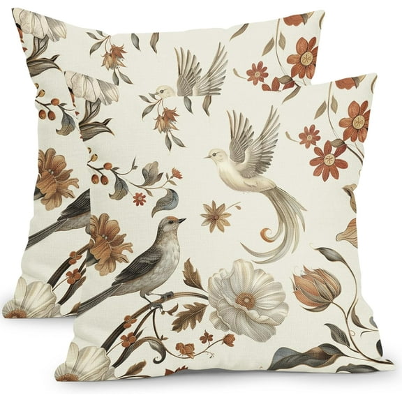 Vintage Floral Pillow Covers 18x18 Inch Set of 2 Cream Chinoiserie Flower and Bird Outdoor Decorative Throw Pillows Retro Rustic Pillowcases Farmhouse Cushion Covers for Couch Home Decor