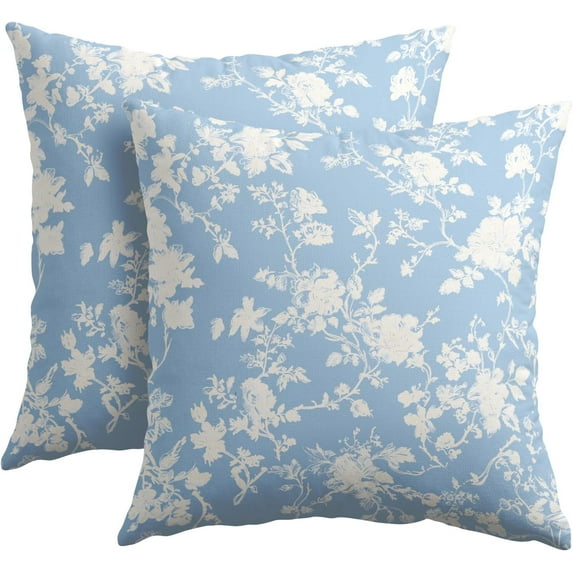 Vintage Floral Pillow Covers 18x18 Inch Set of 2 Rustic Baby Blue and White Outdoor Decorative Throw Pillows Chinoiserie Flower Toile Pillowcases Cushion Covers for Couch Home Decor