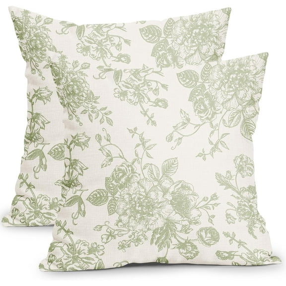 Vintage Floral Pillow Covers 18x18 Inch Set of 2 Sage Green and Cream Floral Throw Pillow Covers Chinoiserie Flower Pillowcases Rustic Farmhouse Cotton Linen Cushion Covers for Couch Bed Sofa Decor