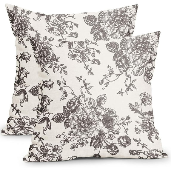 Vintage Floral Pillow Covers 18x18 Inch Set of 2 Tan and Cream Floral Throw Pillow Covers Chinoiserie Flower Pillowcases Rustic Farmhouse Cotton Linen Cushion Covers for Couch Bed Sofa Home Decor