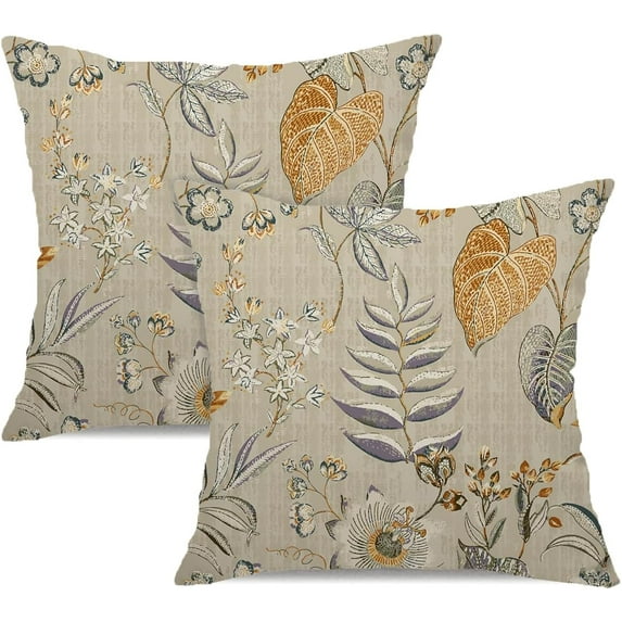 Vintage Floral Pillow Covers 18x18 Inch Set of 2 Tan and Cream Floral Throw Pillow Covers Chinoiserie Flower Pillowcases Rustic Farmhouse Linen Cushion Covers for Couch Bed Sofa Home Decor