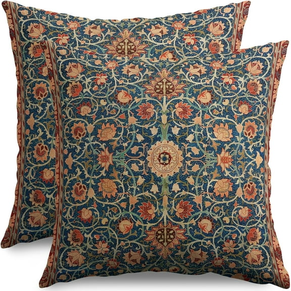 Vintage Floral Pillow Covers 18x18 Set of 2 Modern Botanical Print Blue Burnt Orange Flower Pattern Decorative Throw Pillow Cases Outdoor Farmhouse Decoration for Sofa Couch Bed