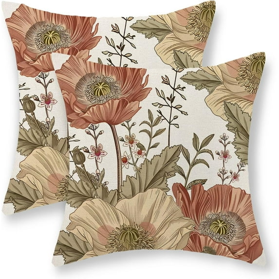 Vintage Floral Pillow Covers 18x18 Set of 2 Rustic Brown Red Flowers Decorative Throw Pillows Botanical Leaf Outdoor Pillowcase Decorations Linen Farmhouse Cushion Case for Couch Sofa Decor