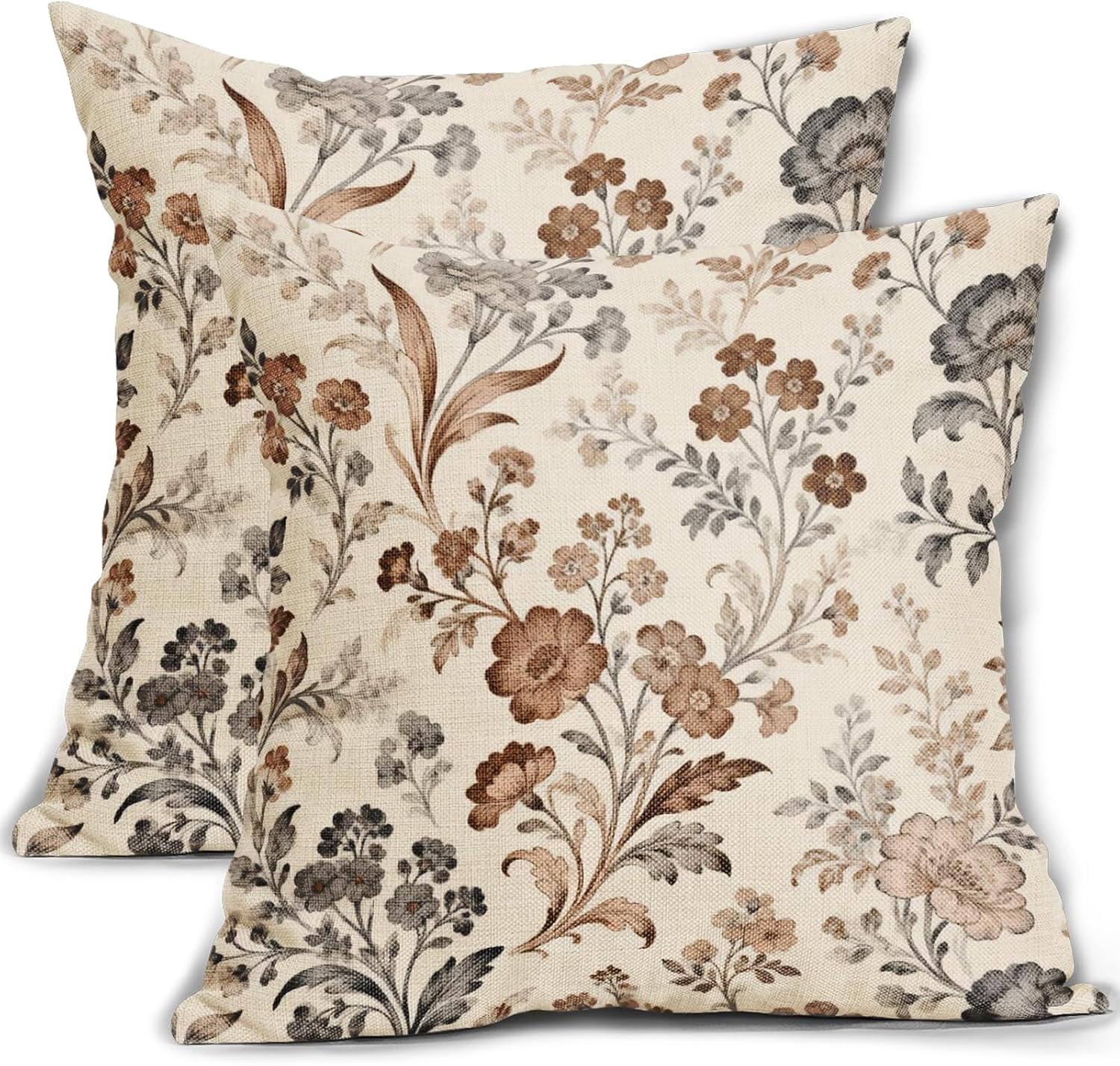 Vintage Floral Pillow Covers 20x20 Inch Set of 2 Brown Dark Grey ...