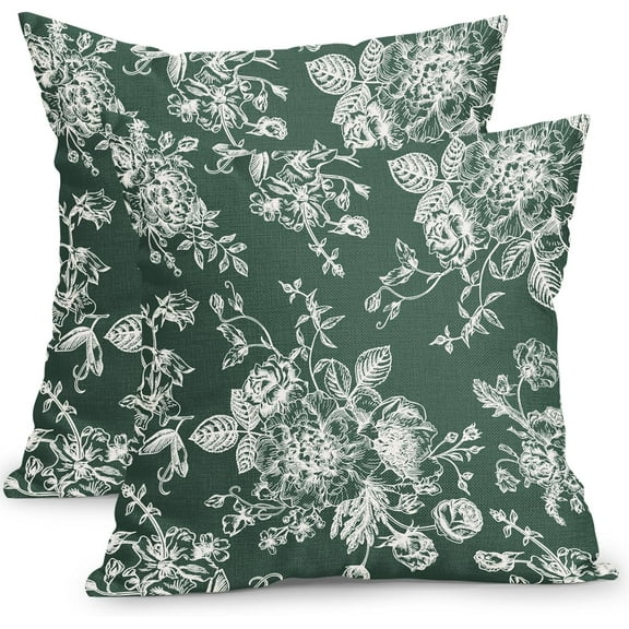Vintage Floral Pillow Covers 20x20 Inch Set of 2 Dark Green Floral Outdoor Decorative Throw Pillows Chinoiserie Flower Pillowcases Rustic Farmhouse Cushion Covers for Couch Home Decor