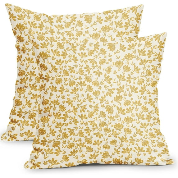 Vintage Floral Pillow Covers 20x20 Inch Set of 2 Golden Yellow and Cream Flower Outdoor Decorative Throw Pillows Cute Small Floral Print Rustic Farmhouse Pillowcases for Couch Decor