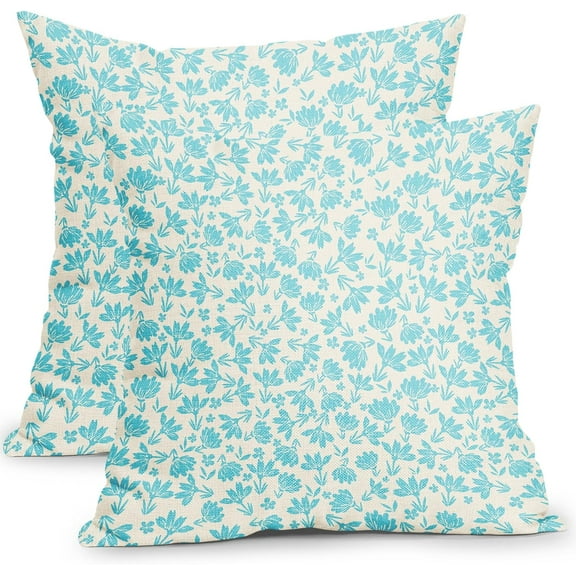 Vintage Floral Pillow Covers 20x20 Inch Set of 2 Lake Blue and Cream Flower Outdoor Decorative Throw Pillows Cute Small Floral Print Rustic Farmhouse Pillowcases for Couch Decor