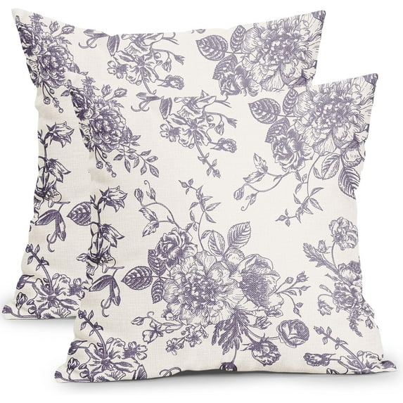 Vintage Floral Pillow Covers 20x20 Inch Set of 2 Lavender Purple and Cream Floral Throw Pillow Covers Chinoiserie Flower Pillowcases Rustic Farmhouse Cushion Covers for Couch Home Decor
