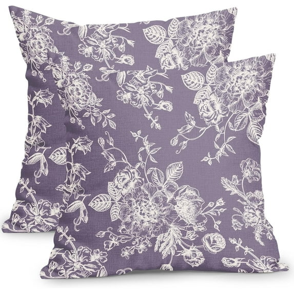 Vintage Floral Pillow Covers 20x20 Inch Set of 2 Lavender Purple Floral Outdoor Decorative Throw Pillows Chinoiserie Flower Pillowcases Rustic Farmhouse Cushion Covers for Couch Home Decor