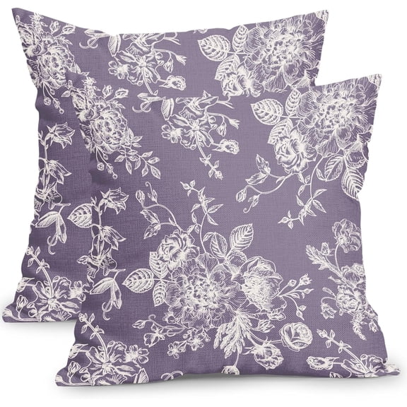 Vintage Floral Pillow Covers 20x20 Inch Set of 2 Lavender Purple Floral Outdoor Decorative Throw Pillows Chinoiserie Flower Pillowcases Rustic Farmhouse Cushion Covers for Couch Home Decor