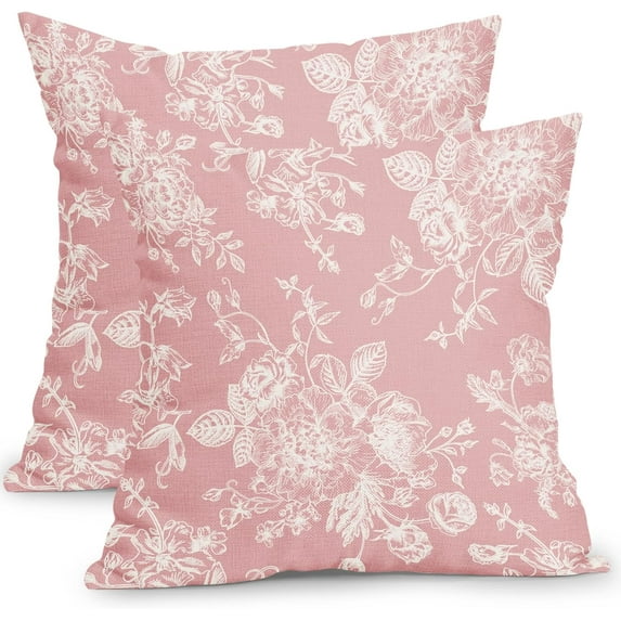 Vintage Floral Pillow Covers 20x20 Inch Set of 2 Pink Floral Outdoor Decorative Throw Pillows Chinoiserie Flower Pillowcases Rustic Farmhouse Cushion Covers for Couch Home Decor