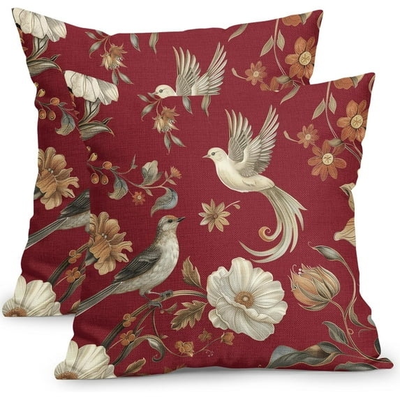 Vintage Floral Pillow Covers 20x20 Inch Set of 2 Red Chinoiserie Flower and Bird Outdoor Decorative Throw Pillows Retro Rustic Pillowcases Farmhouse Cushion Covers for Couch Home Decor