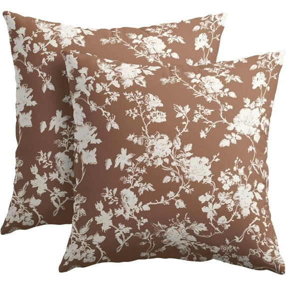 Vintage Floral Pillow Covers 20x20 Inch Set of 2 Rustic Brown and White Outdoor Decorative Throw Pillows Chinoiserie Flower Toile Pillowcases Cushion Covers for Couch Home Decor