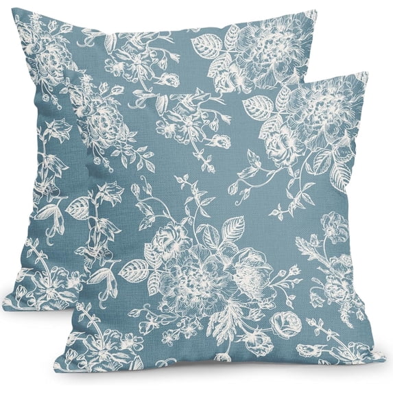 Vintage Floral Pillow Covers 20x20 Inch Set of 2 Smoke Blue Floral Outdoor Decorative Throw Pillows Chinoiserie Flower Pillowcases Rustic Farmhouse Cushion Covers for Couch Home Decor