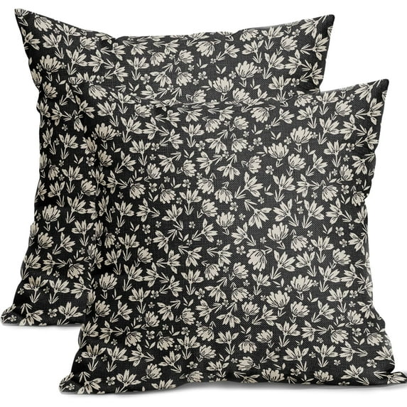 Vintage Floral Pillow Covers 20x20 Set of 2 Black Old White Floral Outdoor Decorative Throw Pillow Covers Farmhouse Rustic Pillowcases Cotton Linen Cushion Covers For Couch Bedroom Sofa Chair Car