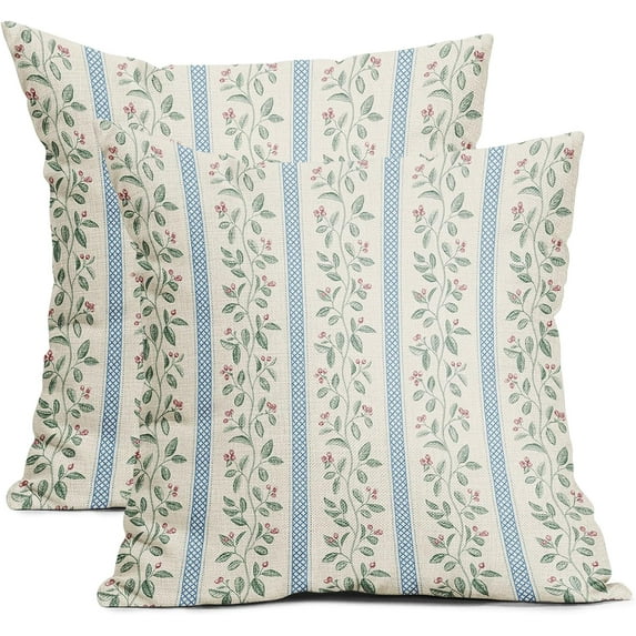Vintage Floral Pillow Covers 20x20 Set of 2 Striped Boho Decor Blue Green Pillowcases Summer Printed Grand Millenial Throw Pillow Covers with Zipper Soft Cozy for Sofa Bed Chair Home Decoration
