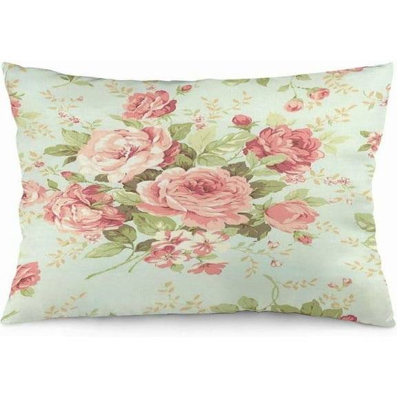 Vintage Floral Pink Rose Flowers Leaf Shabby Chic Pillow Covers Decorative Lumbar Throw Pillowcase 12x20 Inch Couch Cushion Cover for Home Decor Living Room Bedroom College Dorm Bed Car Sofa Sofa