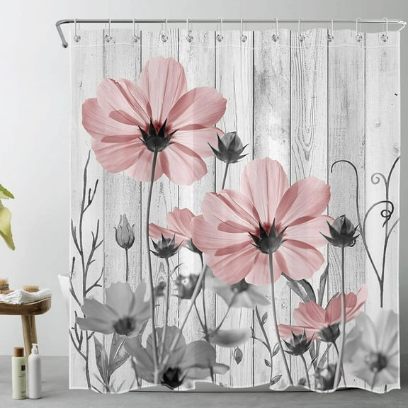 Vintage Floral Pink Shower Curtain for Bathroom Decor, Rustic Farmhouse Grey Flower on Vintage Wood Boards Bathroom Shower Curtain Sets Wildflower Polyester Fabric Bathroom Curtain, 72x72 inch