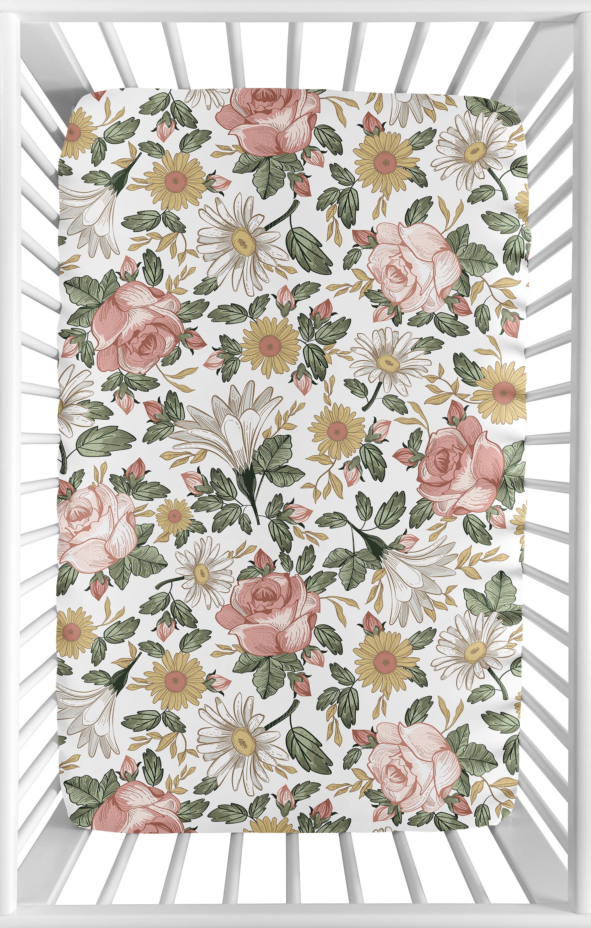 Vintage Floral Pink, Yellow, and Green Fitted Mini Crib Sheet by Sweet Jojo Designs